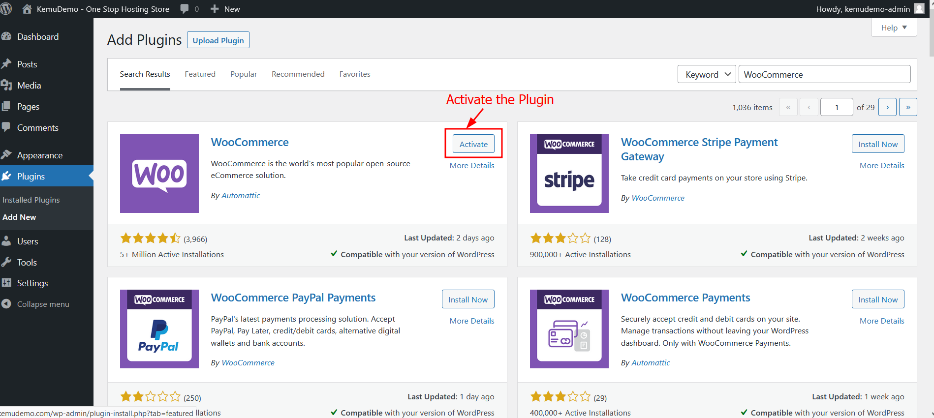 Activate WooCommerce Plugin