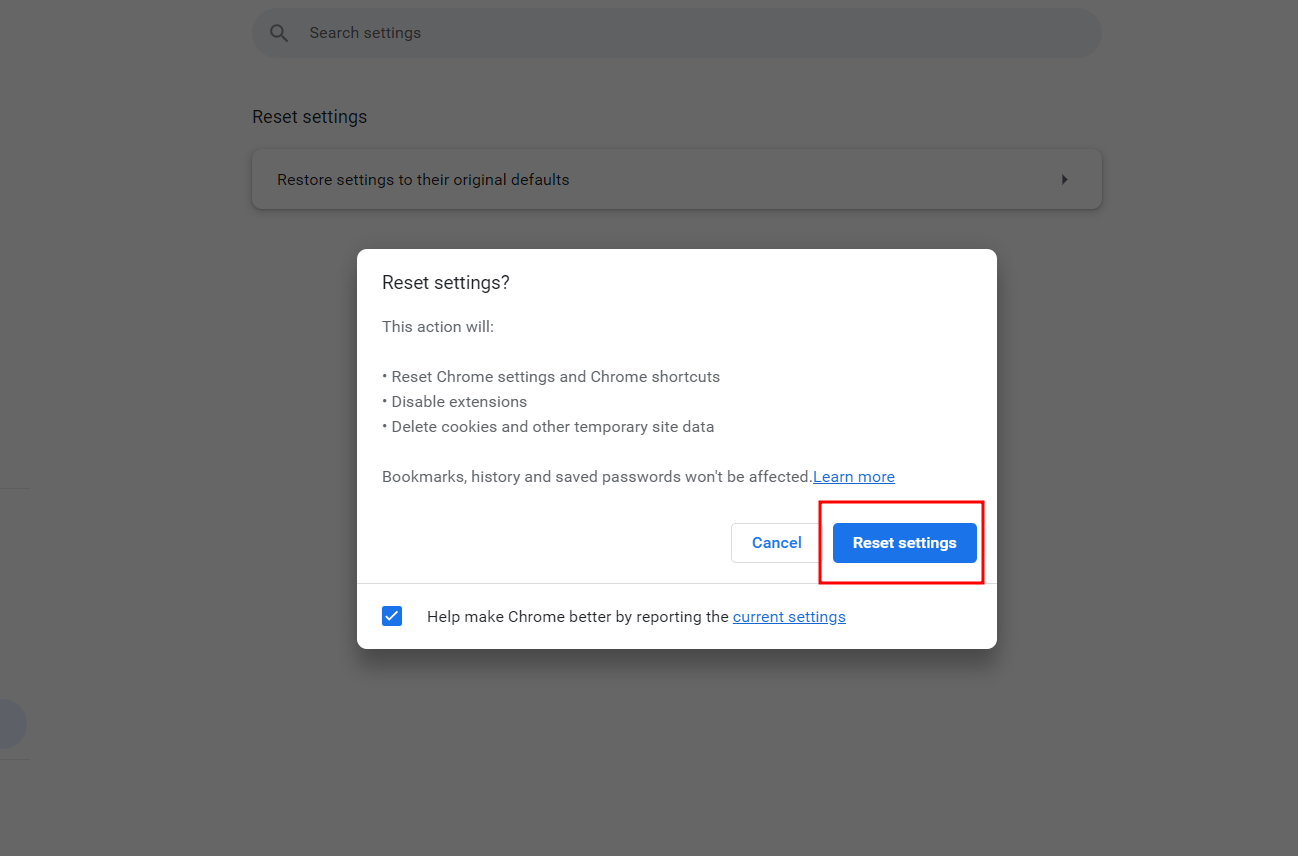 Reset Browser Settings to Default - Google Chrome