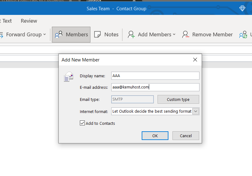Outlook Group - New Email Contacts