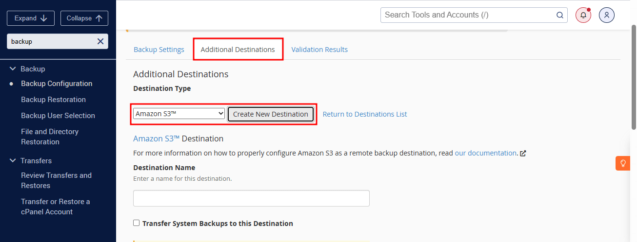 create amazon s3 in whm