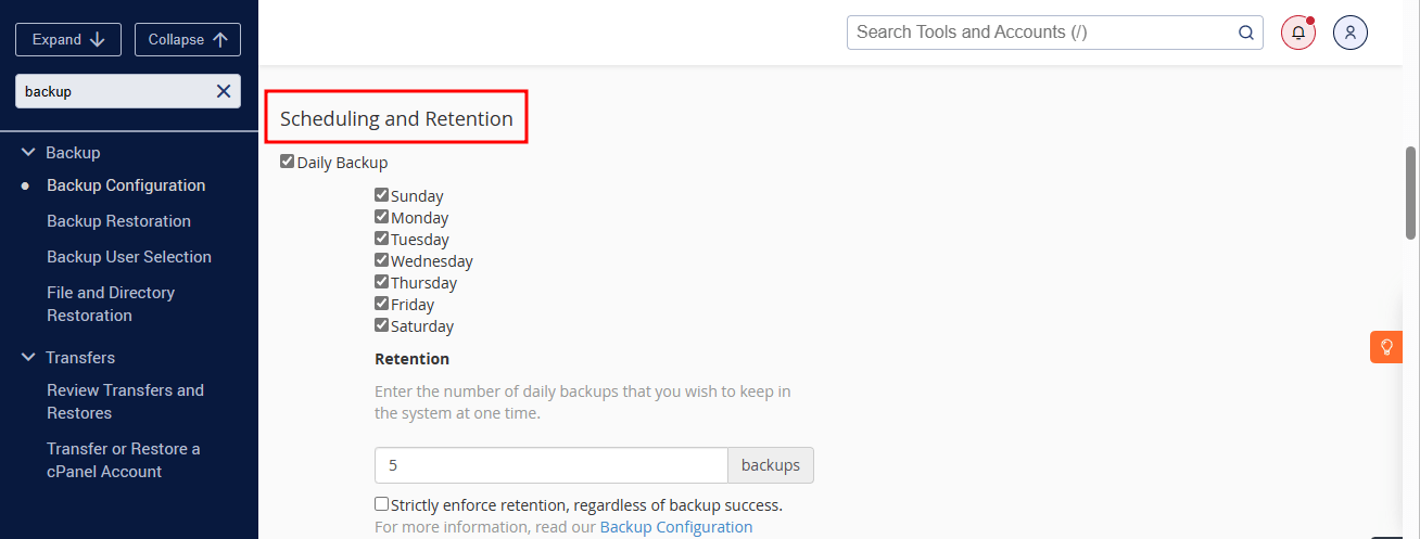 backup scheduling and retention in whm