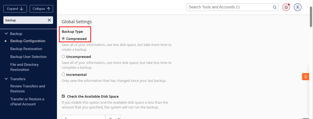 backup global settings whm