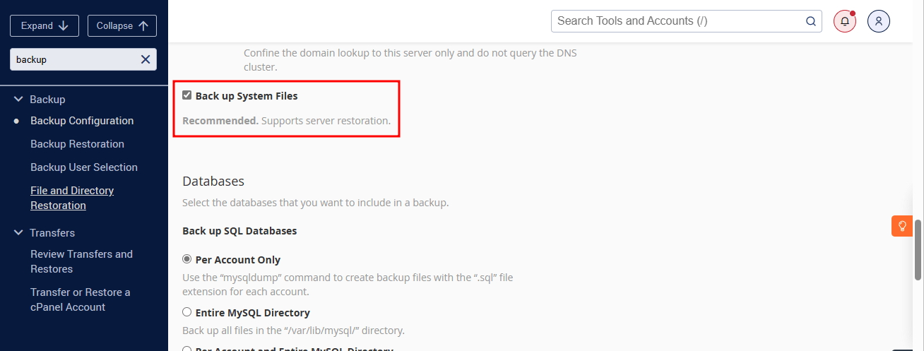 backup system files in whm