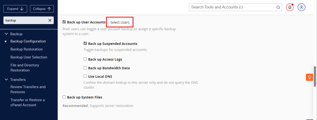 select users accounts for backup