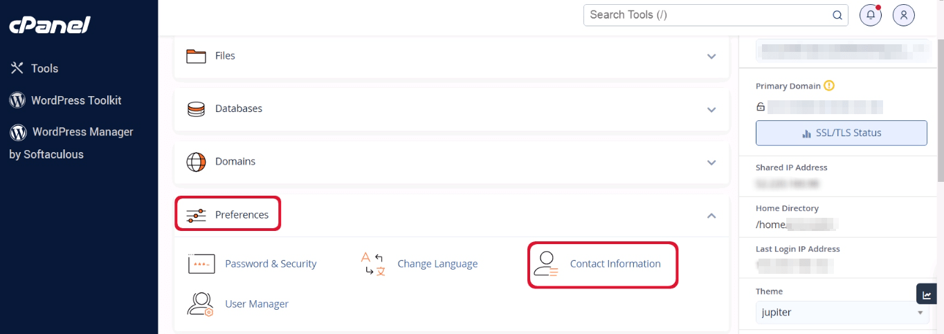 cPanel contact information