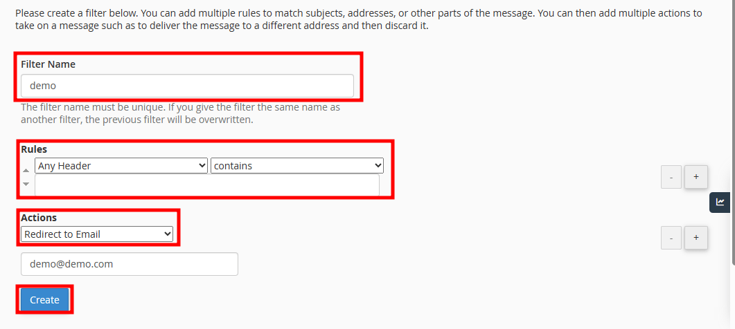 create email filter in cpanel