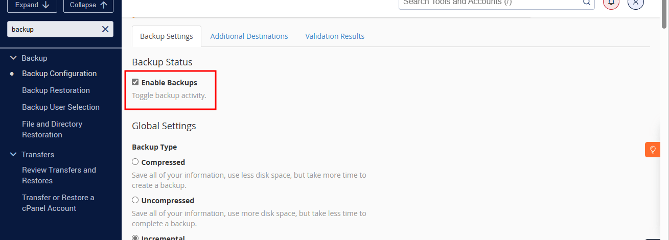 Enable backup in WHM