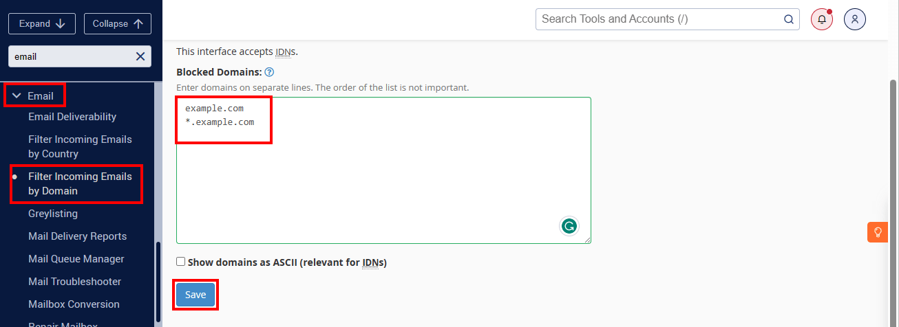 block emails by domain in whm server