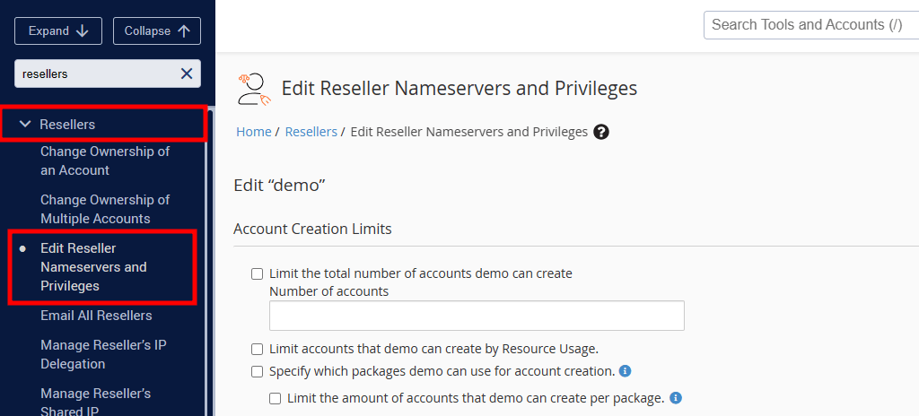 set limited privileges to a reseller account