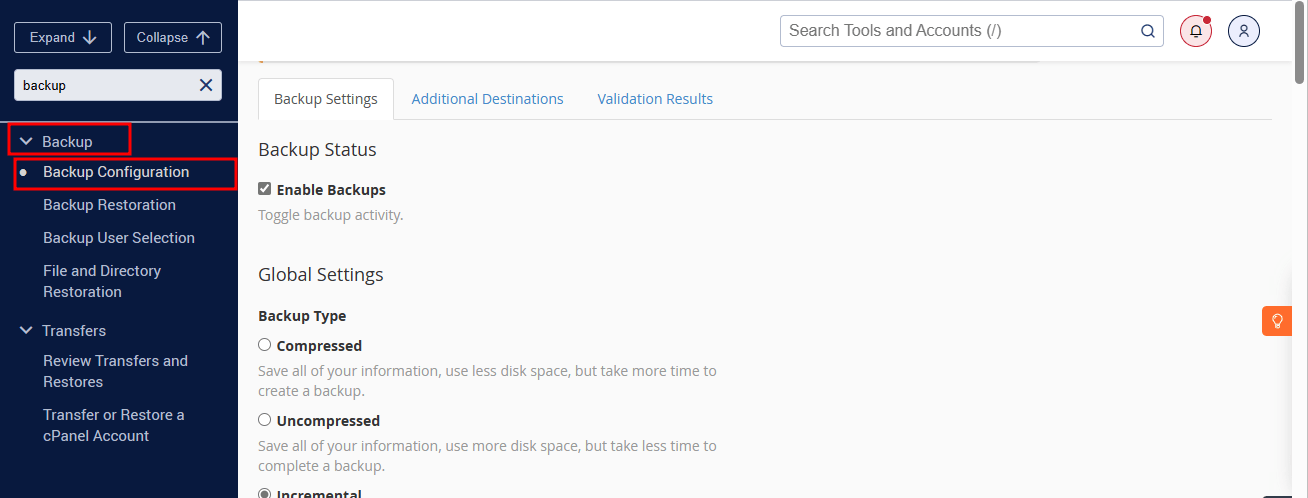 WHM Backup Configuration