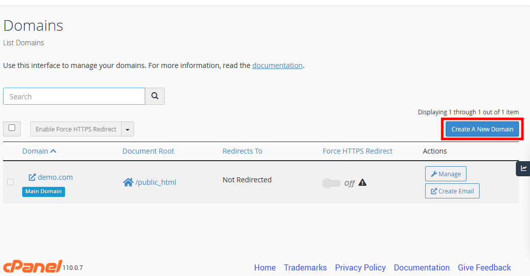 cPanel create domain
