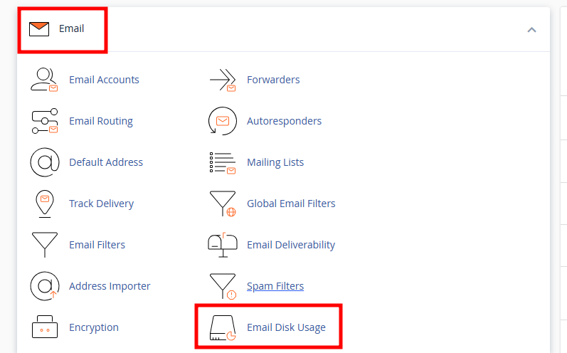 email diskspace usage in cpanel