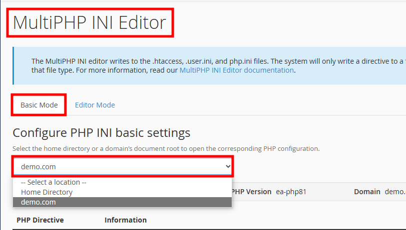 cpanel multiphp select domain
