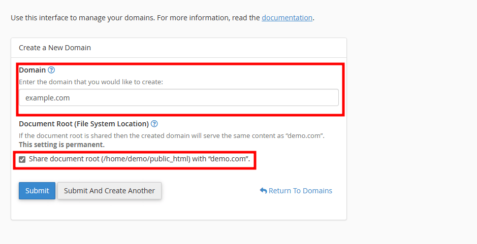cPanel create new addon domain