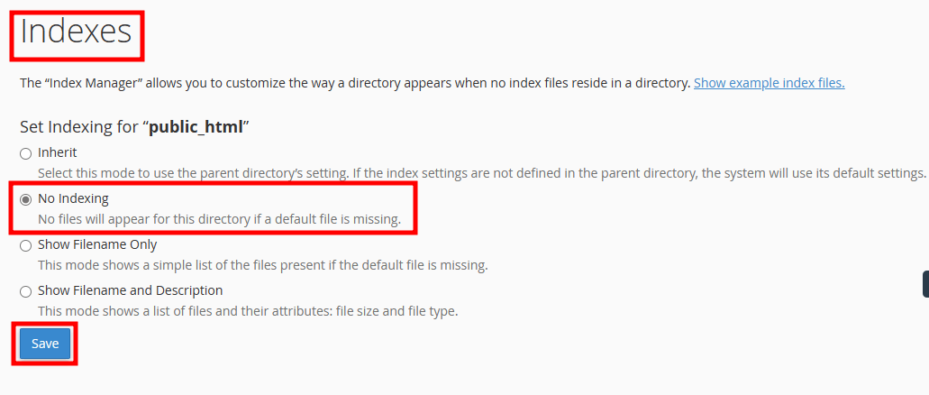 cpanel noindex directory browsing disable