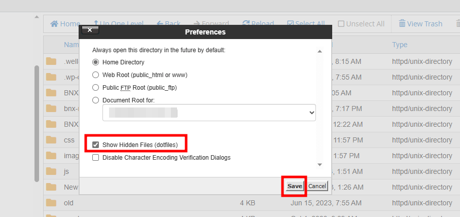 show hidden files cpanel