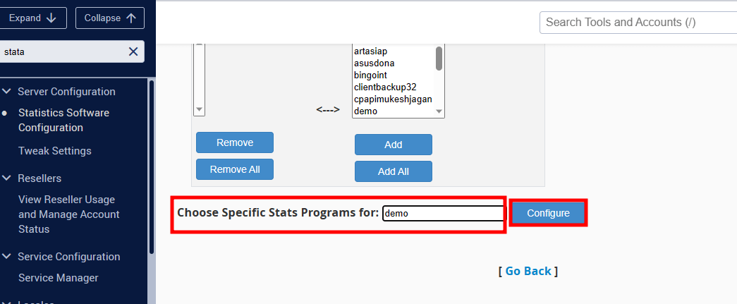whm stat user configure
