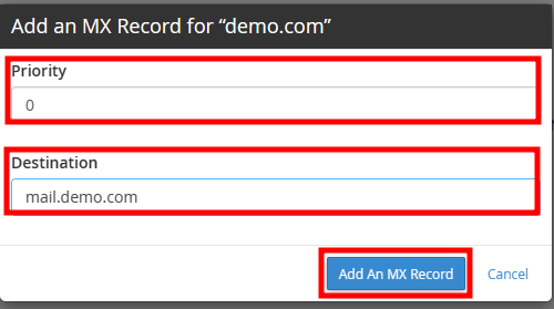 cpanel add mx record details