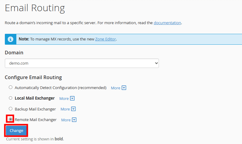 cpanel email routing change