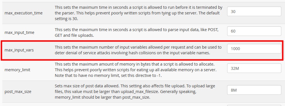 set max_input_vars directive