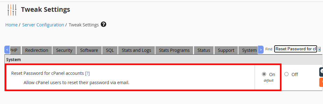 whm reset password for cpanel