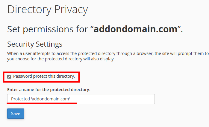 cpanel directory password enable