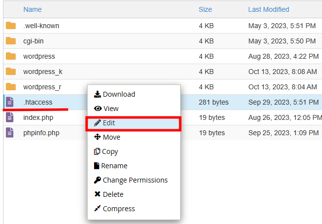 cpanel edit htaccess
