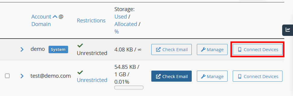 cpanel email connect device