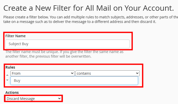 cpanel filter rules