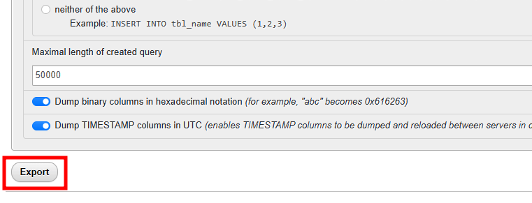 cpanel phpmyadmin export table