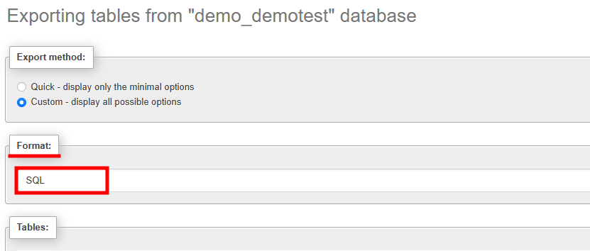 cpanel phpmyadmin format sql