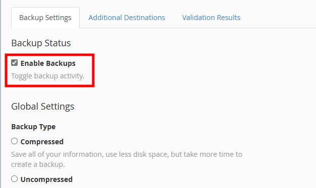 whm enable backups