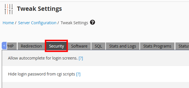 whm tweak setting security