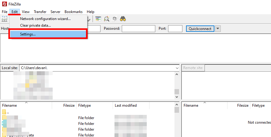 filezilla edit settings
