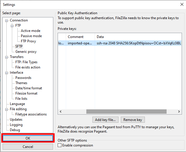 filezilla import ok
