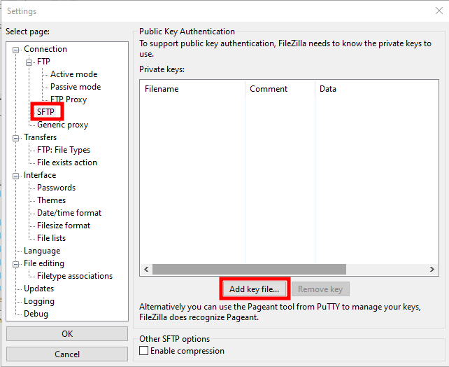 filezilla sftp add key