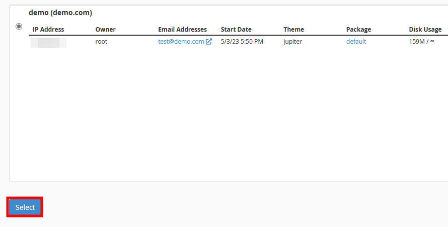 whm database select cpanel account