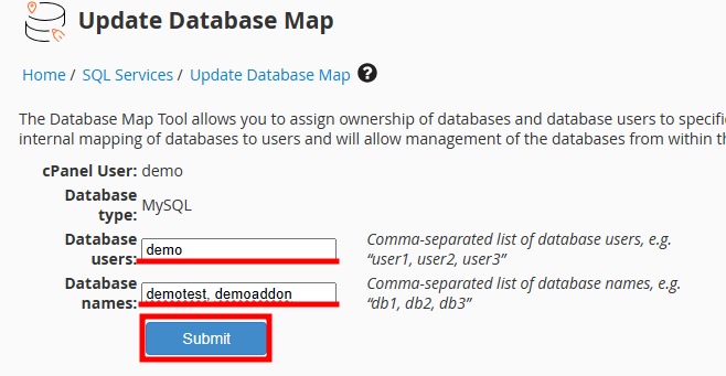 whm dbuser map tool submit