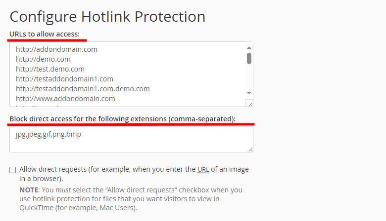 cpanel configure hotlink