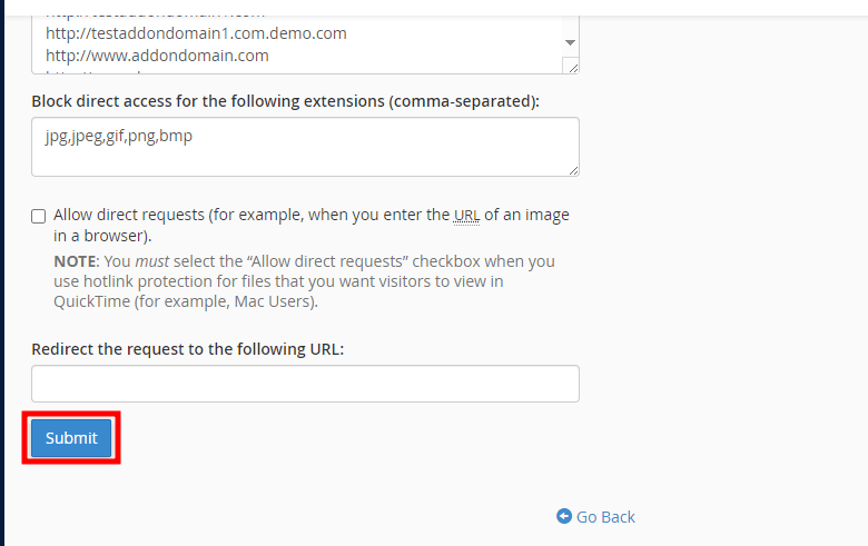 cpanel hotlink submit