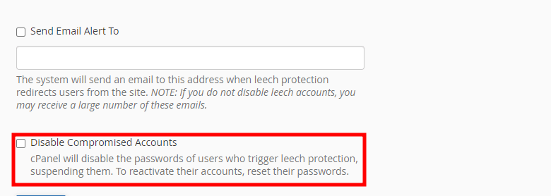 cpanel leech protection disable account