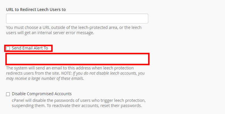 cpanel leech protection email alert