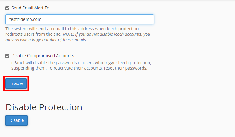 cpanel leech protection enable